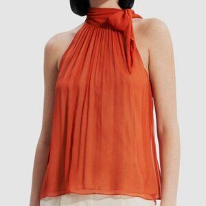 Theory Tie-Neck Sleeveless Crinkle-Silk Halter Top, Dark Coral